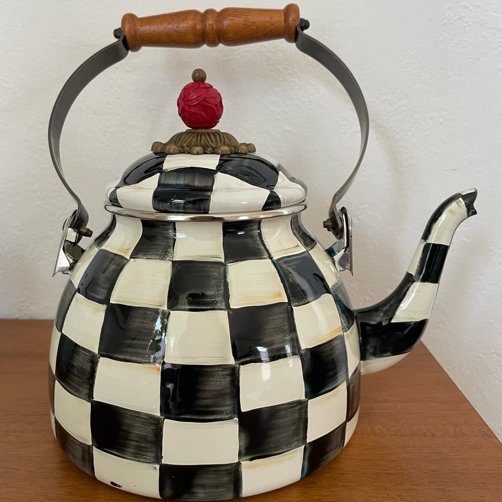 MacKenzie-Child’s Checkerboard Enameled Kettle with Wooden Handle and Red Finial